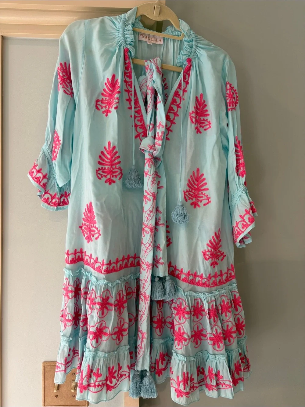 Pomella Light Blue Long Sleeve Dress with Pink Embroidery
